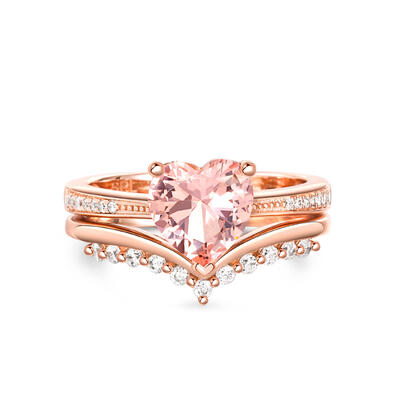 Jeulia "Ethereal Elegance" Heart Cut Synthetic Morganite Sterling Silver Ring Set