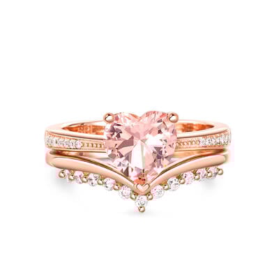 Jeulia "Ethereal Elegance" Heart Cut Synthetic Morganite Sterling Silver Ring Set