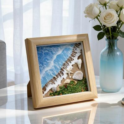 Serene Coastal Resin Frame Art | Ocean Waves, Sand & Shells Art Ornaments