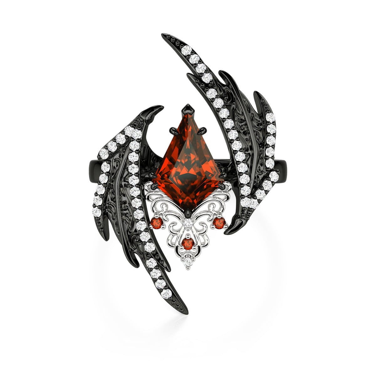 Jeulia Gothic Bypass Dark Red Kite Cut Stone Bat Wing Ring