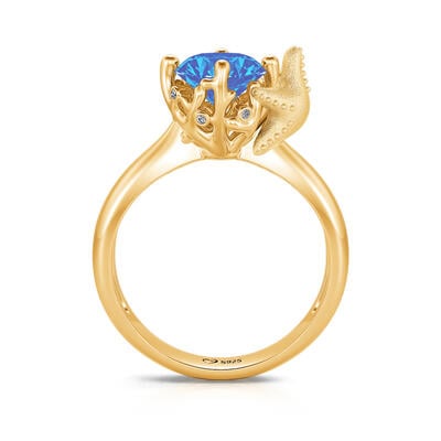 Hug me Anillo de plata de ley corte redondo con estrella de mar y coral