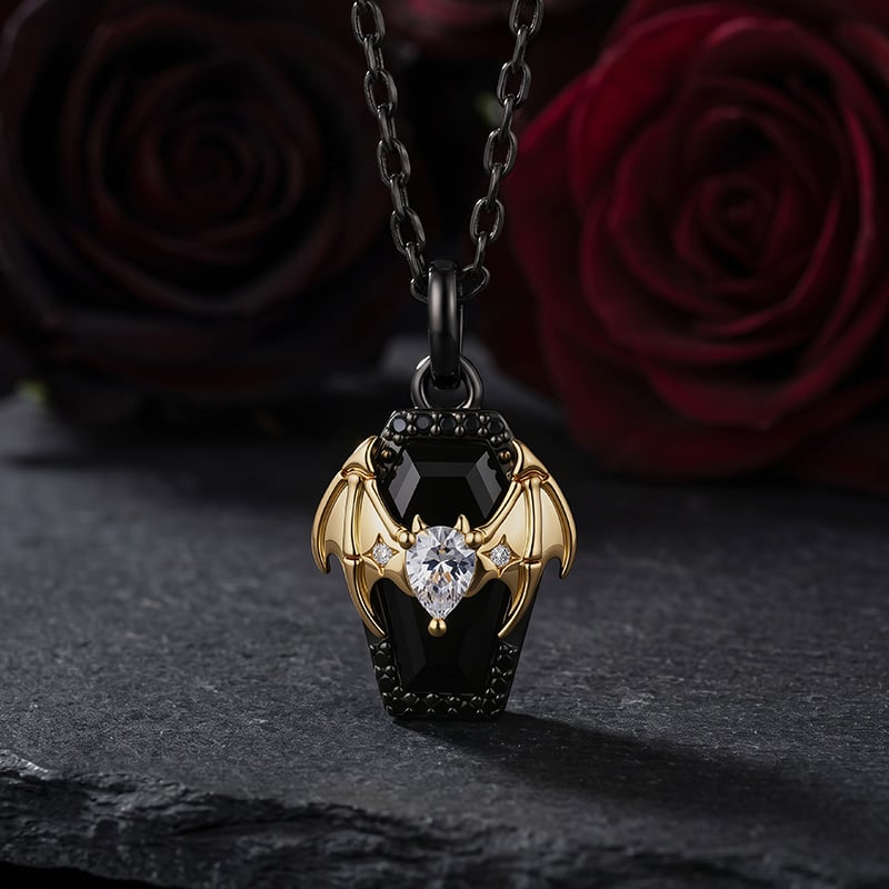 Jeulia Until Death Gold Bat Wing Black Onyx Coffin Necklace