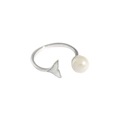 Jeulia Fish Tail Shape Mother of Pearl with Cultured Pearl Sterling Silver Open Ring