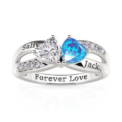 Jeulia Anillo con Dos Corazones Personalizado con Piedras de Nacimiento Diseño Trenzado Simple