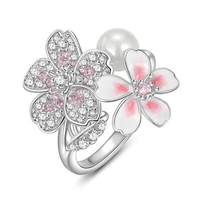 Jeulia Cherry Blossoms Gradient Pink Enamel Ring with Pearl