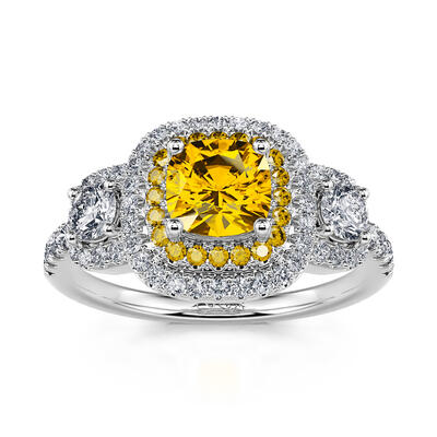 Jeulia Three Stone Halo Princess Cut Sterling Silver Ring