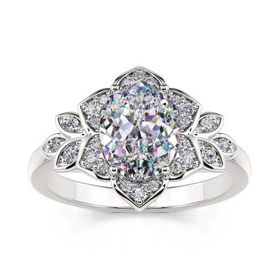 Jeulia Floral Halo Oval Cut Sterling Silver Ring
