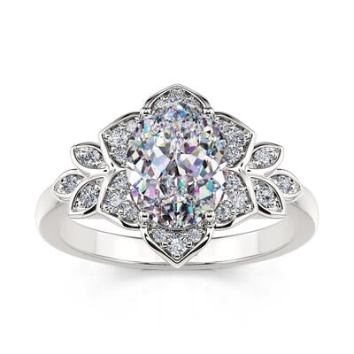 Jeulia Floral Halo Oval Cut Sterling Silver Ring