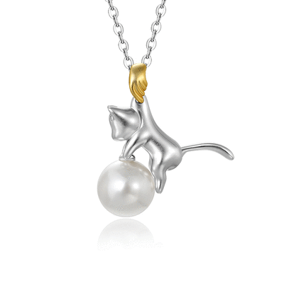 Jeulia Two Tone Pearl Cat Pendant Necklace Sterling Silver