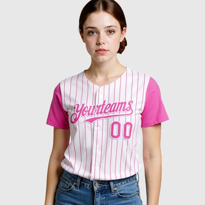 Custom White Pink Pinstripe Authentic Two Tone Baseball Jersey with Personalized Number and Logo for Games Practices and Fan Events