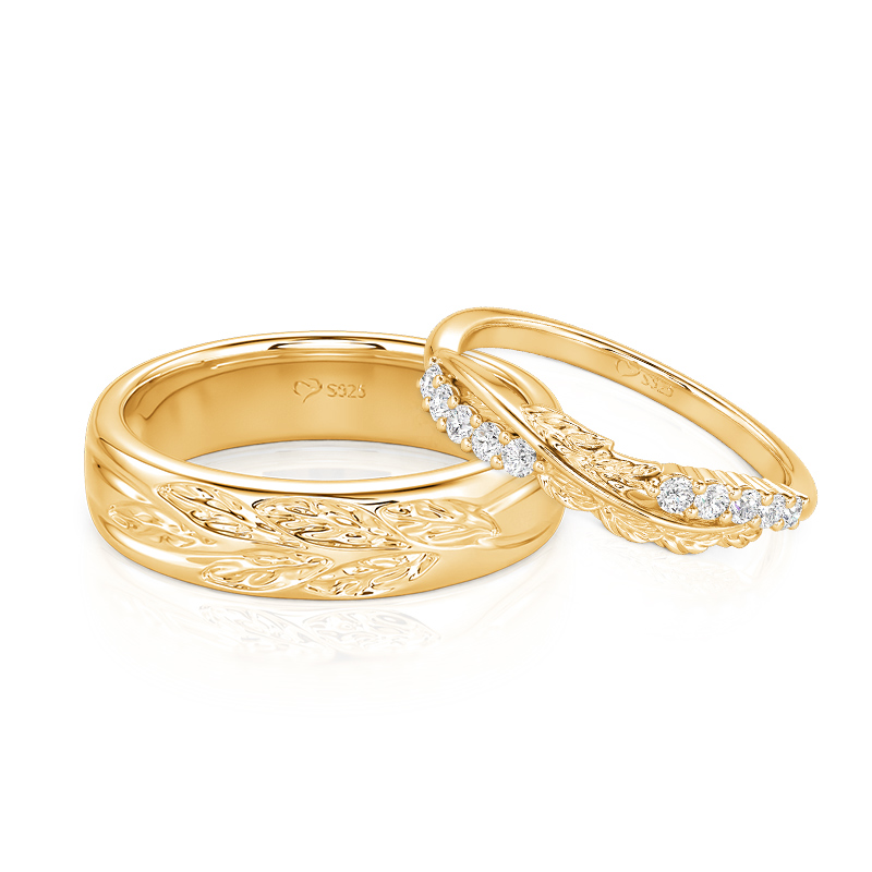 Jeulia Vintage Gold Leaf Matching Couple Ring Set