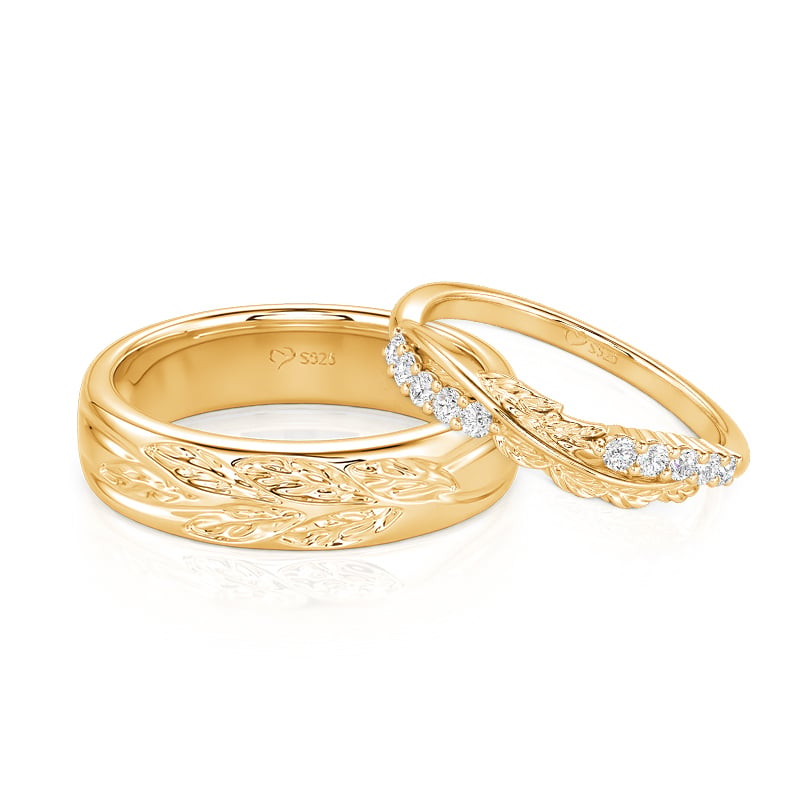Jeulia Vintage Gold Leaf Matching Couple Ring Set