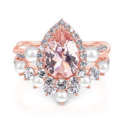 Jeulia Twist Halo Pear Wedding Ring Set Morganite Pearl