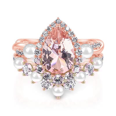 Jeulia Twist Halo Pear Wedding Ring Set Morganite Pearl