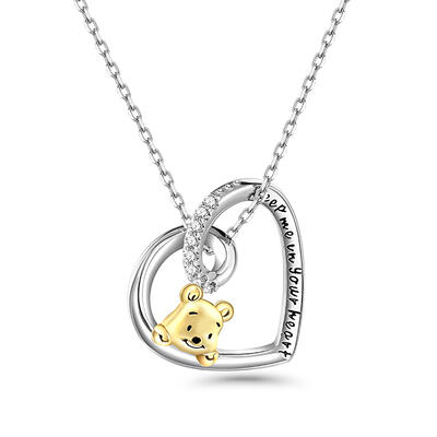 Jeulia Heart Design Cartoon Bear Sterling Silver Engraved Necklace