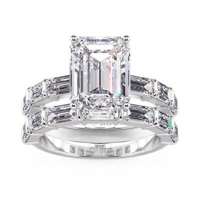 Jeulia Classic Emerald Engagement Ring Set with Pave Setting Band Sterling Silver