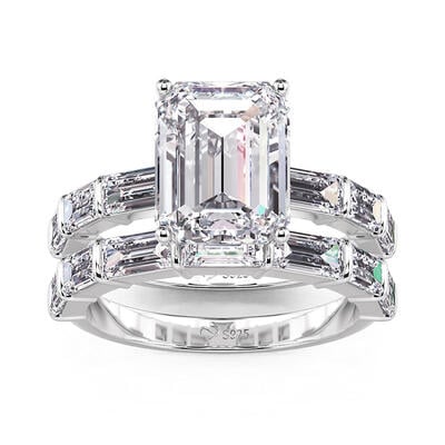 Jeulia Classic Emerald Engagement Ring Set with Pave Setting Band Sterling Silver