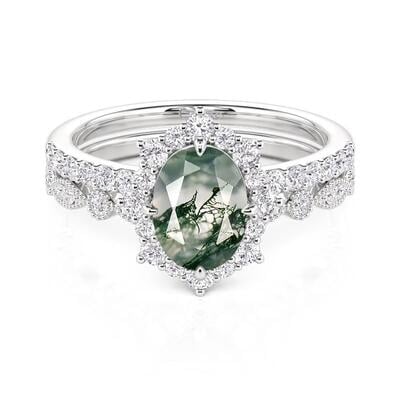 Jeulia Oval Cut Halo Moss Agate Ring Set in Sterling Silver