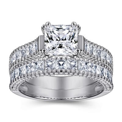 Jeulia Classic Radiant Cut Sterling Silver Ring Set