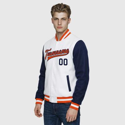 Custom Navy-White Two Tone Full-Snap Letterman Jacket – Ideal for Campus Classes and Club Activities
