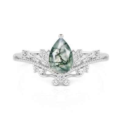 Jeulia Vintage Vine Pear Shaped Moss Agate Engagement Ring