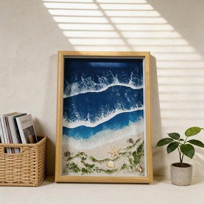 Artisanal Coastal Resin Framed Art | Reslol Ocean Waves, Starfish & Shells Desk Ornaments
