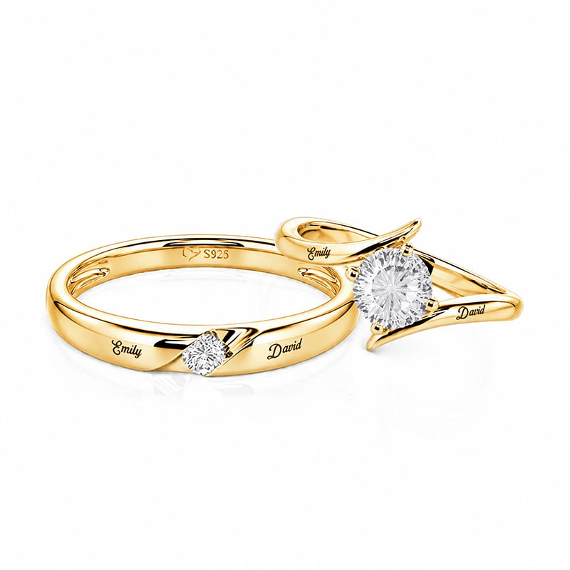 Jeulia Parallel Meet Gold Custom Engravable Bypass Wedding Ring Set