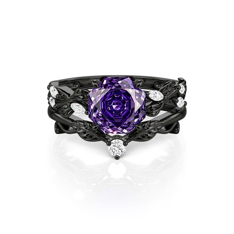 Jeulia Gothic Leaf Vine Purple Rose Cut Bridal Ring Set