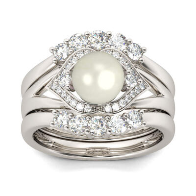 Jeulia Halo Faux Pearl Sterling Silver 3PC Ring Set