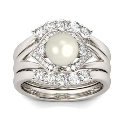 Jeulia Halo Faux Pearl Sterling Silver 3PC Ring Set