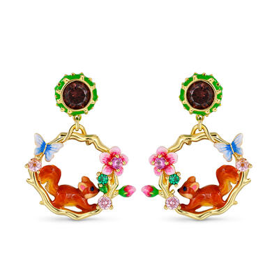 Jeulia "Have Fun" Squirrel with Flower Enamel Sterling Silver Earrings