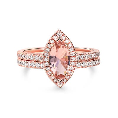 Jeulia Halo Marquise Cut Synthetic Morganite Sterling Silver Ring Set