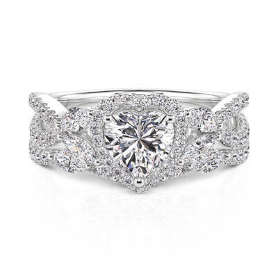 Jeulia Juego de Anillos con Corazón con Hoja Halo Trenzado