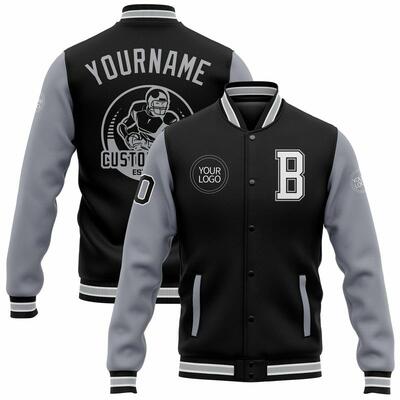 Custom Black Gray Back Logo Two Tone Bomber Full-Snap Varsity Letterman Jacket