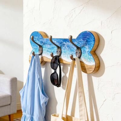 Nautical Dog Bone Shaped Epoxy Wave Coat Rack Reslol Wall Mounted Leash Key Holder