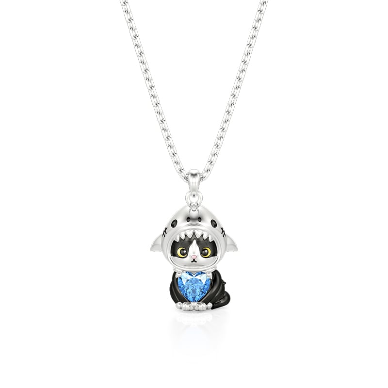 Jeulia Custom Cute Shark Cat Necklace With Heart Birthstone