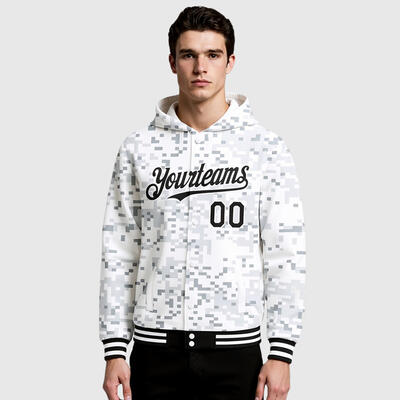 Custom Camo Hoodie Jacket Black-White Arctic Camouflage 3D Bomber Full-Snap Varsity Letterman Salute To Service Hoodie Jacket