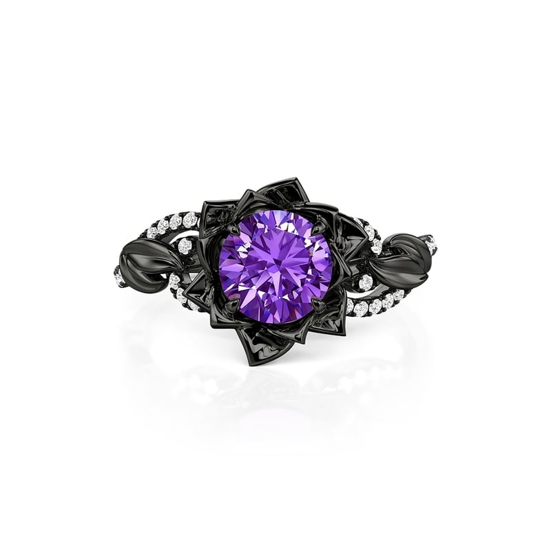 Jeulia Fashion Black Twist Purple Round Cut Flower Ring