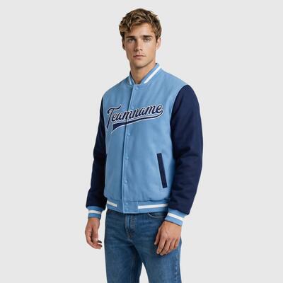 Custom Light Blue Full-Snap Varsity Two Tone Letterman Jacket Ideal for Everyday Casual Outings