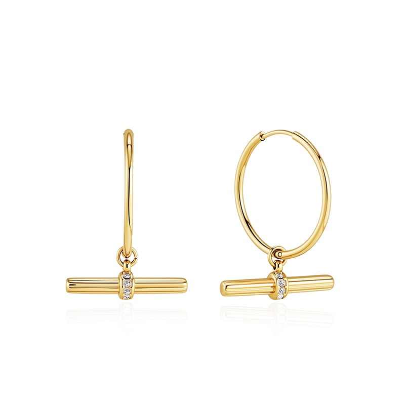 Jeulia "Andy" Style Classic Gold T-Bar Hoop Earrings