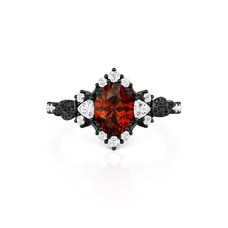 Jeulia Gothic Leaf Vine Three Stone Oval Red Engagement Ring