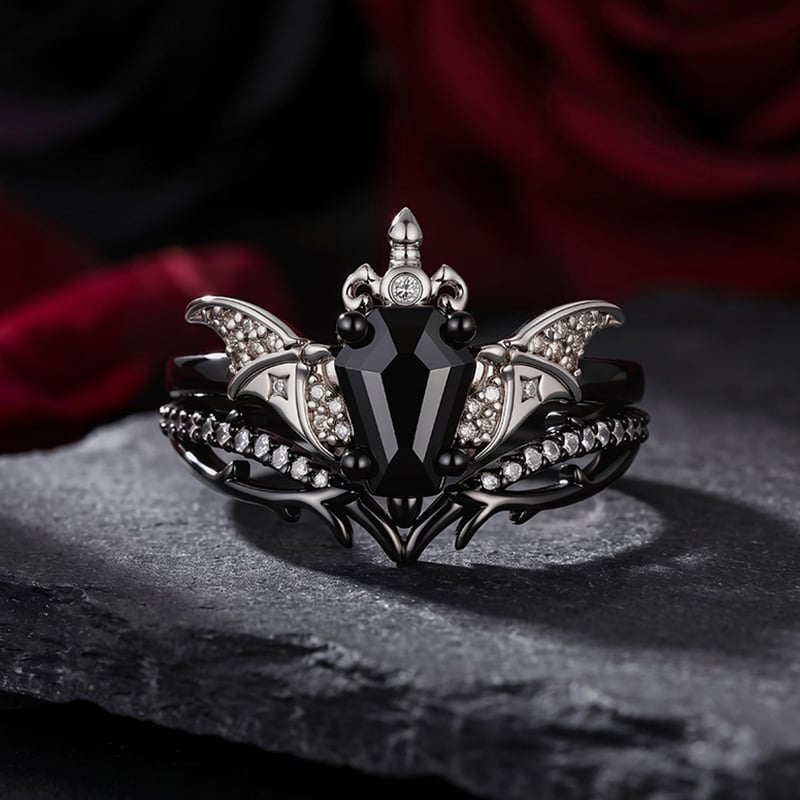 Jeulia Until Death Dark Knight Bat Wing Dagger Coffin Ring Set