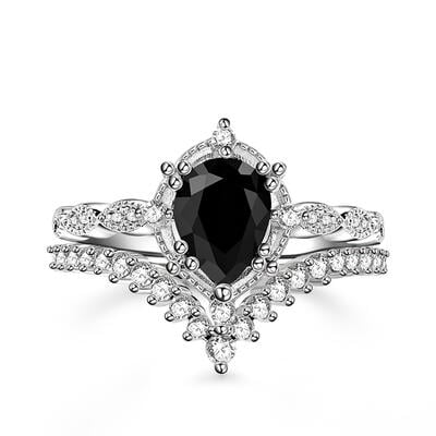 Jeulia Conjunto de Anillos de Plata de Ley con Corte de Pera de Estilo Art Deco