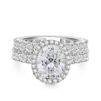 Jeulia Conjunto de Anillo de Matriomonio Clásico Halo Oval Corte de Plata de Ley