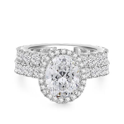 Jeulia Conjunto de Anillo de Matriomonio Clásico Halo Oval Corte de Plata de Ley