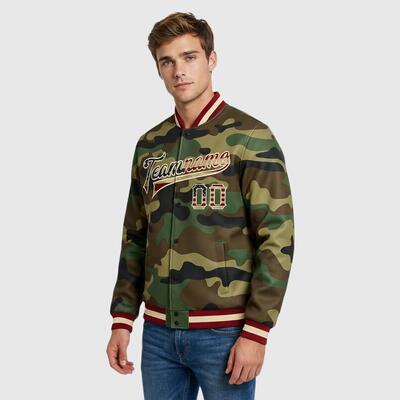 Custom Camo Full-Snap Varsity Letterman USA Flag Salute To Service Jacket Ideal for Veteran Appreciation Dinners and Outdoor Tributes