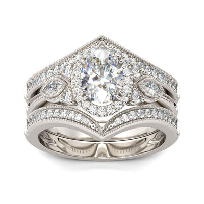 Jeulia Milgrain Halo Oval Cut Sterling Silver 3PC Ring Set