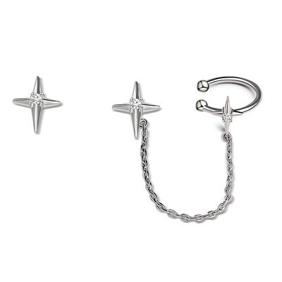 Jeulia "Four-Point Star" Sterling Silver Ear Cuff with Chain