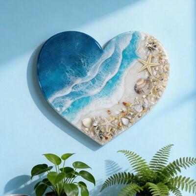 Reclaimed Ocean Resin Wall Art – Heart-Shaped Beach & Waves Decor   