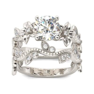 Jeulia Floral Design Round Cut Sterling Silver Ring Set